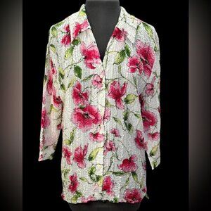 UBU I’ll be me Hot Pink Floral Crinkly Button Down 3/4 Sleeve Blouse Siz…